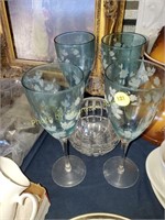 4 blue etched stems & crystal rose bowl