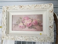 Pink roses in ornate white frame C. Repasy artist