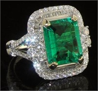 14kt Gold 6.22 ct Step Cut Emerald & Diamond Ring