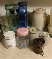 Marble Cuttingboard, Small Crocks, & Containers