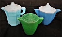 3- SMALL GLASS CUPS/POTS W/LIDS*BLUE *JADITE