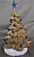 CERAMIC CHRISTMAS TREE WITH BASE/GOLD & BLUE
