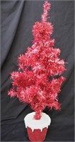 RED TINSEL CHRISTMAS TREE W/DECORATED BASE
