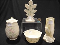 Four Belleek vases, butter dish, posy vase