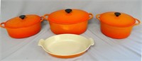 Le Creuset ware, 4 pces., casserole dish, 15" diam