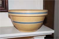 Antique Tan Mixing Bowl with Blue and White
