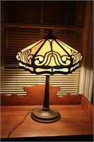 Slag Glass Lamp with Tan and Blue on the Shade