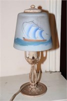 Wrought Iron Lamp with Glass Sailing Ship Shade