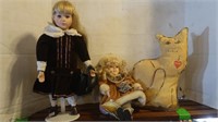 2 Collector Dolls & Stuffed Fabric Cat