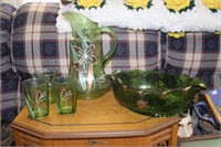 Green Hand Painted Water Pitcher with 3 Glasses