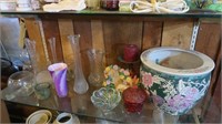 Contents of Shelf-Vases, Lg Floral Pot & more