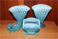 2 Blue Hobnail Fan Style Vases, Blue Opalescent