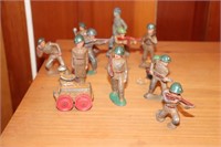 11 Lead Toy Soldiers and a Tank Style Vehicle