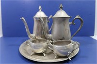 Silver-plated Tea Pots, Sugar/Creamer & Tray