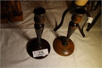 2 WOODEN CANDLESTICK HOLDERS 9"H
