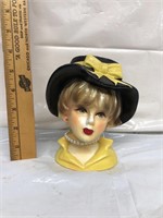 Vintage Head Vase of lady w/hat necklace &