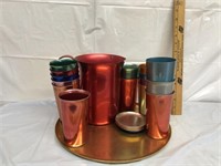 Vintage aluminum pitcher, cups, coasters, tray