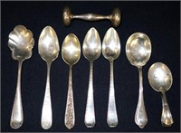 STERLING SPOONS & RATTLE (8)