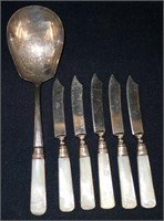 MOTHER OF PEARL HANDLED SERVER & KNIVES (6)