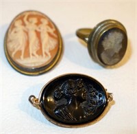 CAMEO & INTAGLIO PINS AND RING (3) PCS.