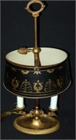 BRASS CANDLEBRA LAMP WITH HAND PAINTED METAL SHADE