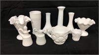 10pc Vintage Milk Glass Cruet, Vase, Compote