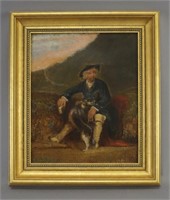 Antique Framed Man with Dog in Country Painting