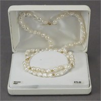 14K Genuine Pearl Necklace & Bracelet Set