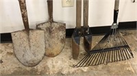 2 Spade Shovels, Post Hole Digger, Rake