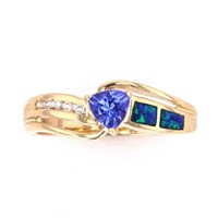 Tanzanite Blue Green Opal & Diamond 14k Gold Ring