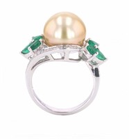 South Sea Pearl Emerald & Diamond 18k Gold Ring
