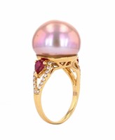 Freshwater Pearl Ruby & Diamond 18k Gold Ring