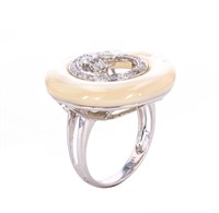 Donut Cut White Opal & Diamond 18k White Gold Ring