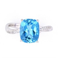 Swiss Blue Topaz & Diamond 14k White Gold Ring