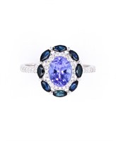 Tanzanite Blue Sapphire & Diamond 18k Gold Ring