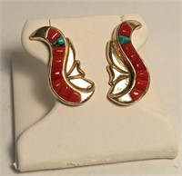 Native American 14k Gold Coral Turquoise Earrings