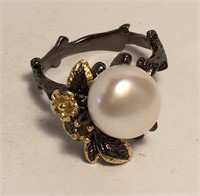 Sterling Black Rhodium Pearl Ring W Gold Accents