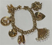 14k Gold Charm Bracelet, Precious Stones & Pearls