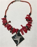 Coral & Beaded Necklace With Black Stone Pendant