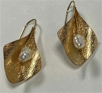 Pair Of 14k Gold And Pearl Floral Earrings