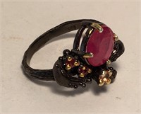 Sterling W Gold Accents Black Rhodium Ruby Ring
