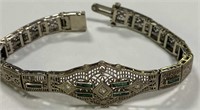 Vintage 10k White Gold Diamond & Emerald Bracelet