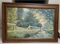 Vintage wood frame forest scene replica print,