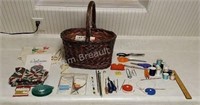 Assorted knitting and sewing supplies w/ basket -