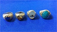 4 Silver, agate & turquoise rings