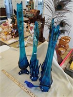 5 Blue Glass Vases and Bird