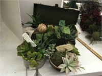 fake succulents in crock, crock bowl, tool box