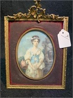 French Antique Miniature Painting of Girl with Jug