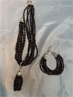 8 Strand Black Coral and Sterling Silver Necklace