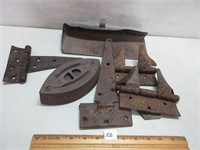 NEAT LOT OF OLD HINGES AND SAD IRON